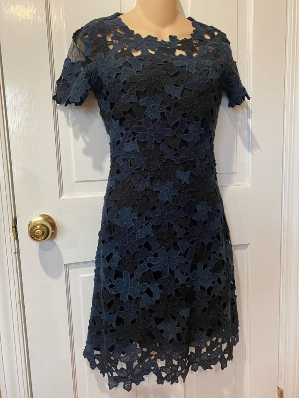 Lace Floral A-Line Dress in Navy/Black